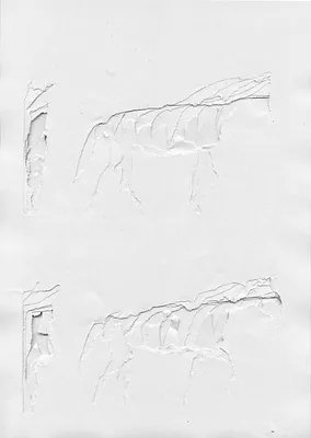 A pencil sketch of what appears to be horse or animal legs/hooves, shown in two horizontal panels with rough draft-style line work.