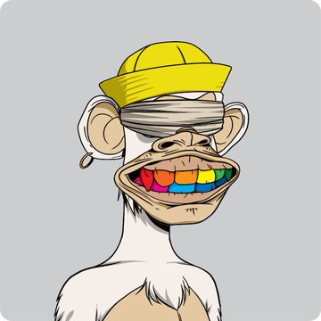 The image features a cartoon monkey with a yellow hat, white fur, and colorful teeth. The monkey appears to be wearing a funny hat that has a band around its head. There are no other objects or text present in the image. The caption provided is related to the monkey's situation, stating "It has now been a whole month since the last Bored Ape drank a serum. There are 433 remaining Serums: -257 M1 -175 M2 -1 Mega (Pictured below is the last Bored Ape to drink a serum and the Mutant Ape #18779 born from it- currently held and minted by @Disciple_13".