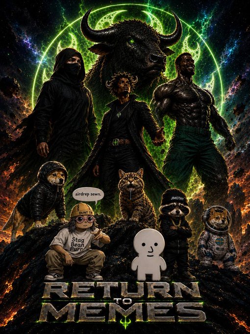 A poster titled "RETURN TO MEMES" featuring a cast of internet meme characters including a hooded figure, a demonic man, a muscular figure, bears, cats, and others arranged in a dark, epic composition.