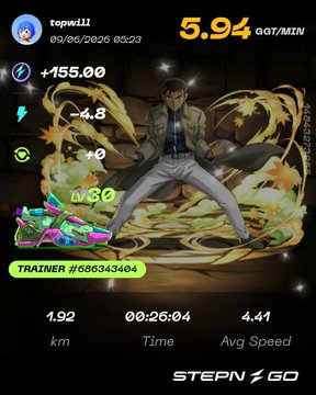 The image shows a person wearing a brown jacket, white pants, and a blue shirt standing in front of a brick wall with a green explosion coming out of it. The person appears to be playing an interactive video game that tracks their performance using numbers and text on the screen. The post also includes a hashtag (#stepngo) and a caption about the game's progress.