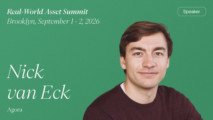 A promotional graphic for the Real-World Asset Summit in Brooklyn, September 1-2, 2026, featuring a headshot of speaker Nick van Eck from Agora.