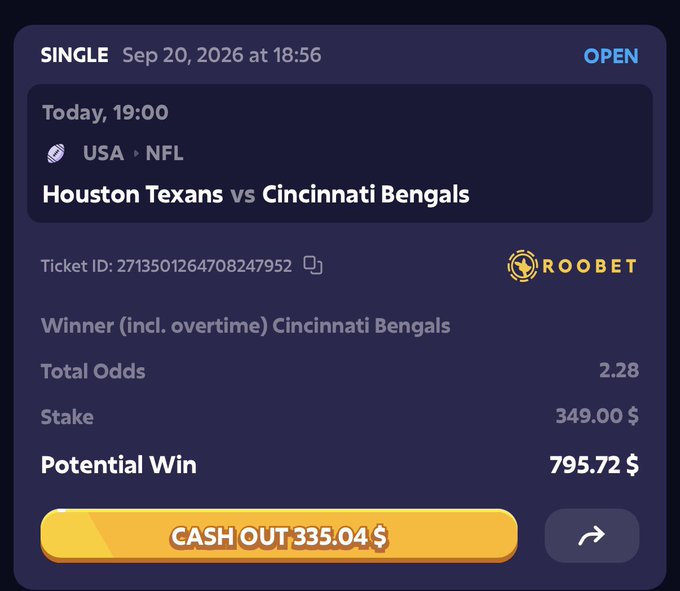 A Roobet sports betting slip for an NFL game between the Houston Texans and Cincinnati Bengals, with a stake of $349.00, total odds of 2.28, potential win of $795.72, and a cash-out option of $335.04.