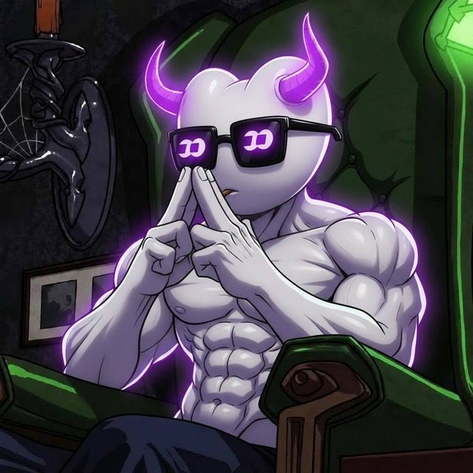 An anime-style illustration of a muscular, horned purple demon wearing black sunglasses with a 'CEX' logo, posing with hands crossed in a gothic setting.