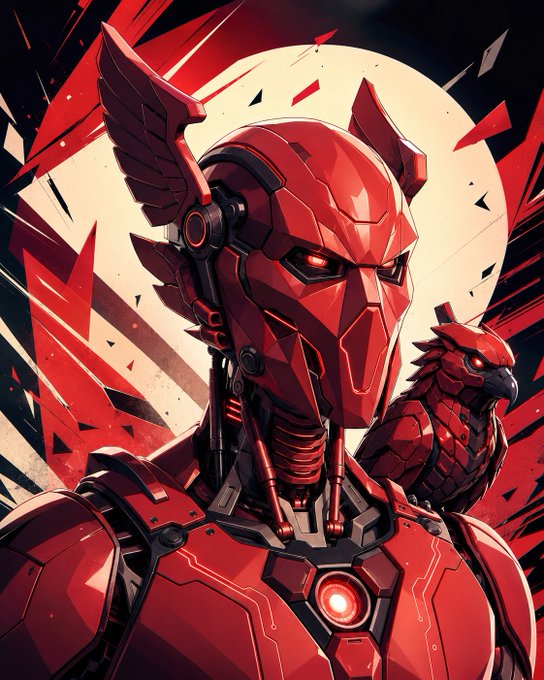 A stylized digital illustration of a red robotic warrior with a mechanical eagle on its shoulder, set against a circular backdrop with shattered red fragments.