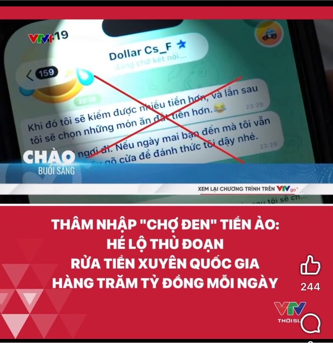 A VTV news thumbnail showing a cross-over messaging screenshot with a red X over Vietnamese text about crypto 'black market' infiltration and money laundering worth hundreds of billions daily.