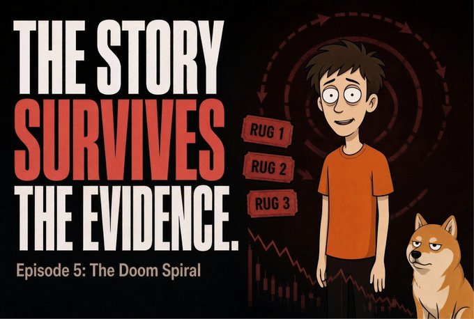 The promotional image for "The Story Survives The Evidence: Episode 5: The Doom Spiral" features an animated character alongside a Shiba Inu dog, with three labeled tags ("RUG 1," "RUG 2," "RUG 3") and a downward-trending chart in the background, visually illustrating the post's theme of repeated scams in crypto trading.