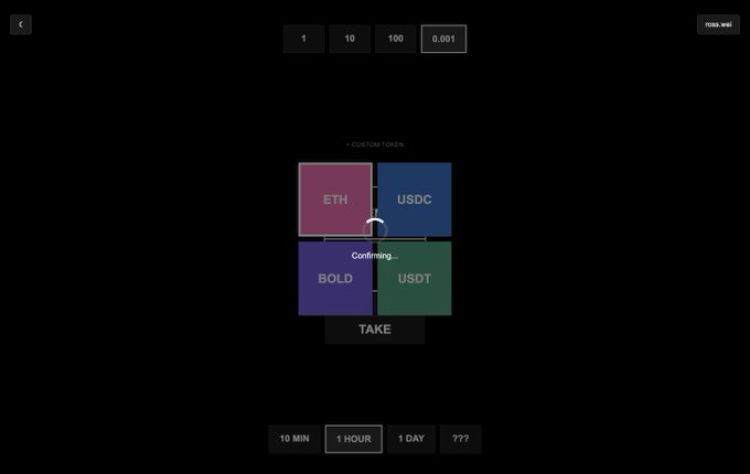 A dark interface displays a 'CUSTOM TOKEN' selection menu with four quadrants labeled ETH, USDC, BOLD, and USDT, with a 'TAKE' button below and time period options (10 MIN, 1 HOUR, 1 DAY, ???) at the bottom.