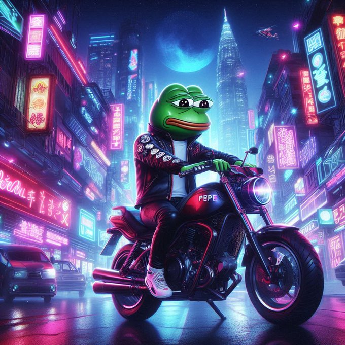 A Pepe the Frog character wearing a leather jacket rides a motorcycle down a neon-lit cyberpunk city street, with the tank labeled "PEPE." The vibrant, futuristic backdrop aligns with the post's message that ETH and $PEPE will dominate, symbolizing Pepe's rise as a crypto force.