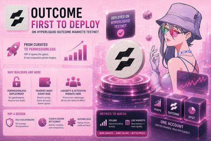 The image is a promotional graphic for Outcome, titled "OUTCOME FIRST TO DEPLOY ON HYPERLIQUID OUTCOME MARKETS TESTNET," highlighting features like HIP-4's transition from curated to permissionless deployment, permissionless building, event risk exposure for traders, and an interface supporting PERPS, OUTCOME, and SPOT markets under a unified account. It visually reinforces the post's message by showcasing Outcome's pioneering role on Hyperliquid, emphasizing rapid builder adoption driven by the permissionless expansion enabled by HIP-4.