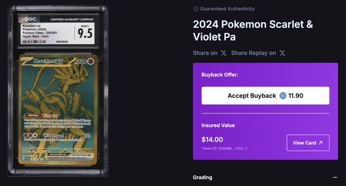 A screenshot of a product page showing a graded CGC 9.5 'Koraidon ex' 2024 Pokemon card, with an insured value of $14.00 and a buyback offer of 11.90.
