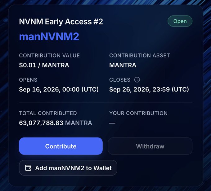 A cryptocurrency interface displays 'NVNM Early Access #2' for 'manNVNM2' with a contribution value of '$0.01 / MANTRA', opening on Sep 16, 2026 and closing Sep 26, 2026, showing 63,077,788.83 MANTRA total contributed.