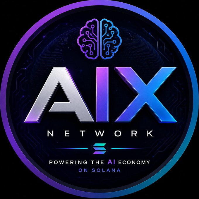 Logo for AIX NETWORK with a stylized brain icon, tagline 'POWERING THE AI ECONOMY ON SOLANA,' set against a dark purple and blue tech-themed background.