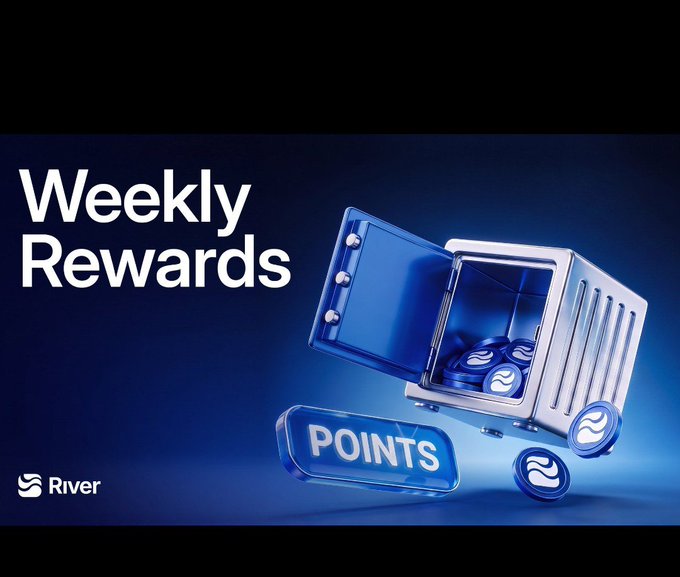A promotional graphic with 'Weekly Rewards' text and an open blue metallic safe containing wave-logo coins, with a 'POINTS' button and the 'River' exchange logo in the bottom left.