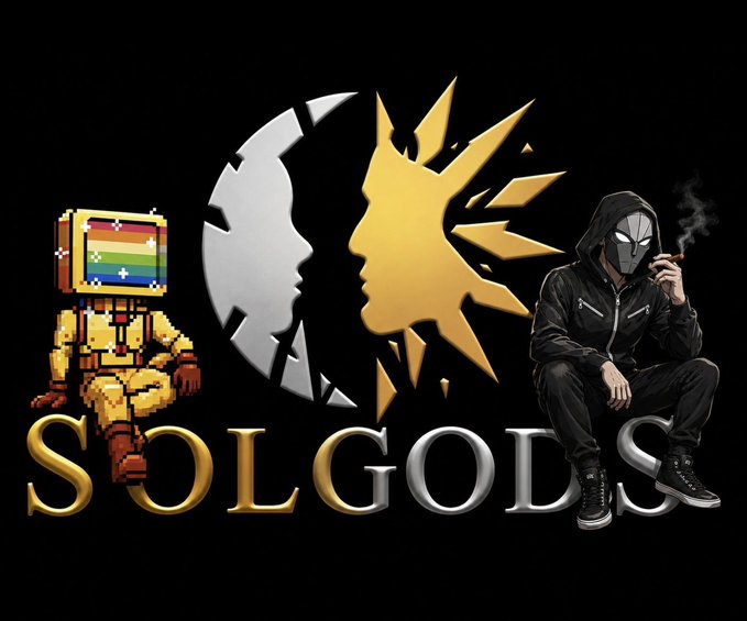 Artwork titled 'SOLGODS' featuring a pixelated robot with a rainbow-striped screen, a half sun/moon face emblem, and a hooded figure in a mask smoking a cigarette.
