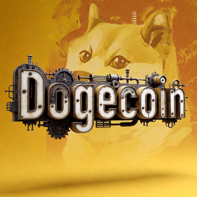 A stylized graphic features the word "Dogecoin" in steampunk-style metallic letters against a yellow background with a faint image of a Shiba Inu dog.