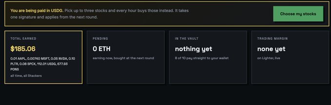 A crypto/stock dashboard titled 'You are being paid in $USDG' with a 'Choose my stocks' button, displaying 'TOTAL EARNED $185.06' and sections for Pending, Vault, and Trading Margin.