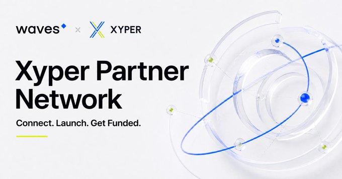 A promotional banner for the 'Xyper Partner Network' by Waves and Xyper, with the tagline 'Connect. Launch. Get Funded.' next to a 3D abstract sphere graphic.