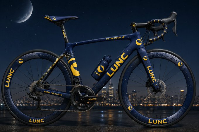 urn-shaped water bottle with yellow and blue label, "LUCI" on a blue bicycle frame against a dark night sky backdrop.