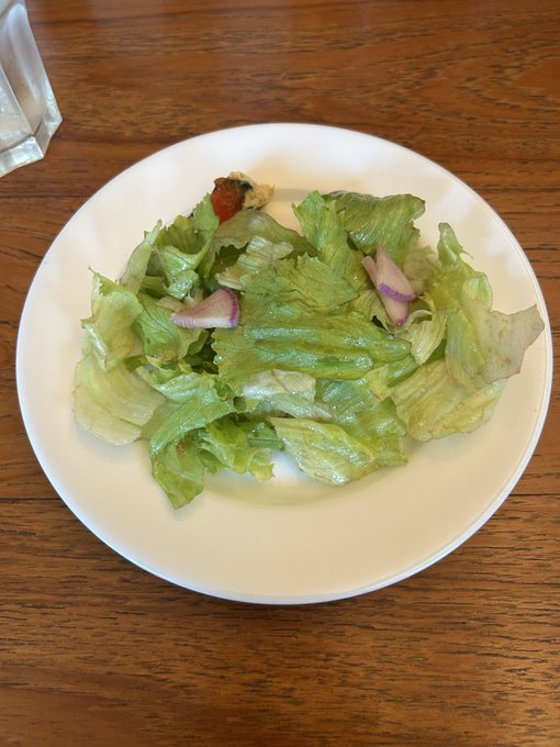 A fresh green salad with lettuce, red onion slices, and a piece of roasted red pepper is served on a white plate atop a wooden table, marking the Italian lunch outing mentioned in the post after an insufficiently filling meal was supplemented with onigiri.