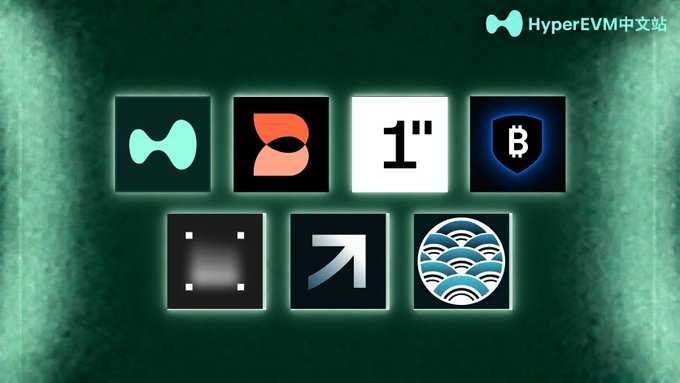 A dark green graphic displays a grid of app icons with the label 'HyperEVM中文站' in the top right corner.