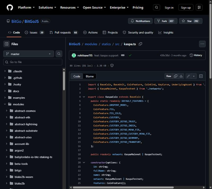 A screenshot of BitGo's GitHub repository showing the file `modules/statics/src/kaspa.ts`, a code commit titled "feat: kaspa support" by rohitsaw115 that imports BaseCoin features including UNSPENT_MODEL, TSS, TSS_COLD, and various custody flags (CUSTODY_BITGO_TRUST, CUSTODY_BITGO_INDIA, CUSTODY_BITGO_MENA_FZE, CUSTODY_BITGO_GERMANY, CUSTODY_BITGO_FRANKFURT) for KaspaCoin, supporting the post's claim that BitGo has quietly built Kaspa ($KAS) custody infrastructure with TSS signing and multiple regional custody flags.