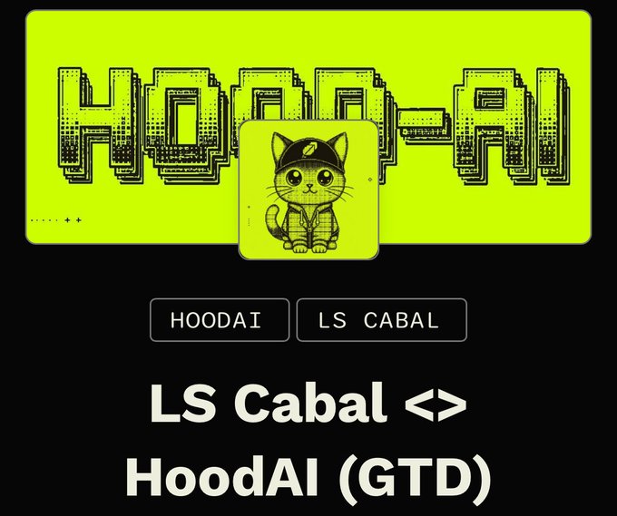 A bright yellow-green banner displays "HOOD-AI" in pixelated black text with a cartoon cat mascot wearing a cap, promoting an LS Cabal <> Hood AI (GTD) partnership with a 3,333 supply free mint on Robinhood for LS Cabal members.