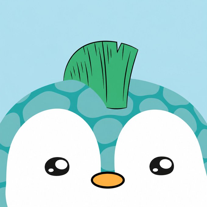A cute cartoon penguin or character with large black eyes, an orange beak, and a teal-patterned hood with a green mohawk-like crest on a light blue background.