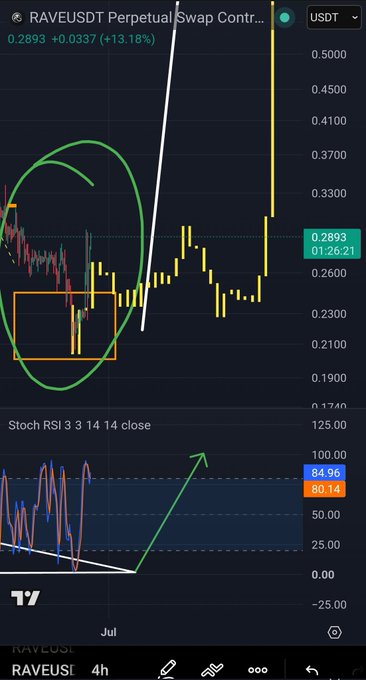 A TradingView chart of RAVE/USDT Perpetual Swap shows the price at 0.2893 (+13.18%), with an orange box highlighting the $0.22-$0.24 accumulation zone circled in green on the left, while a green arrow points to a bullish divergence on the Stochastic RSI 3 3 14 14 indicator (84.96/80.14) signaling potential upward momentum.