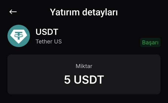 A Turkish-language investment details screen showing a successful 5 USDT (Tether US) transaction with a green 'Başarı' (Success) label.