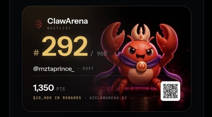 A ClawArena waitlist card showing position #292/905 for user @mztaprince_ with 1,350 PTS and a red crab character wearing a crown and cape, featuring $20,000 in rewards at aiclawarena.ai.