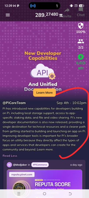 A mobile screenshot of a Pi Network chat showing "289.2748 π" and a post from @PiCoreTeam dated "Sep 4th - 10:02pm" announcing new developer capabilities, with red hand-drawn markings circling the announcement titled "New Developer Capabilities" and "And Unified Documentation," which announces local storage support, file and video sharing, and new developer documentation—aligning with the user's post about Pi expanding beyond mining into real-world utility through apps and developer tools.