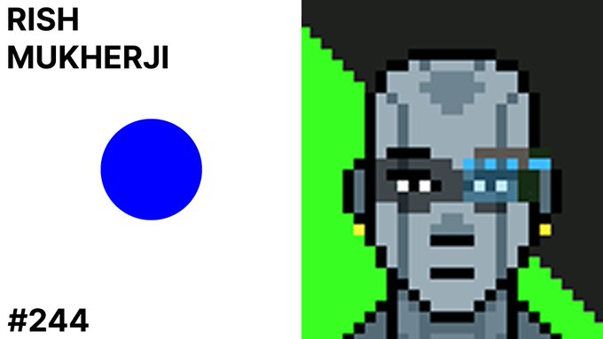 The image is episode #244 of a podcast featuring Rish Mukherji, showing a pixel-art portrait of a robot-like figure wearing what appears to be a headset or VR device alongside his name and the episode number. The artwork complements the social media post announcing a new episode where Rish discusses his background and work at Farcaster and Clanker.