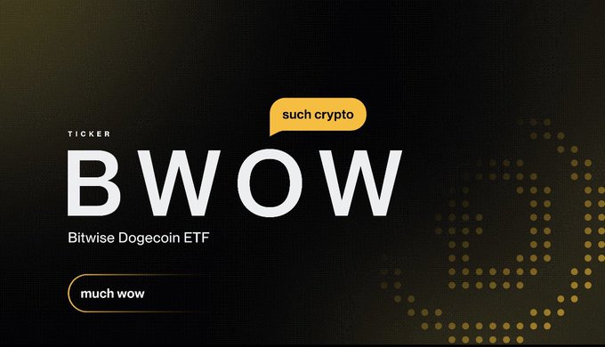 A graphic for a cryptocurrency product displaying 'TICKER BWOW', 'Bitwise Dogecoin ETF', with 'such crypto' and 'much wow' in speech bubbles.