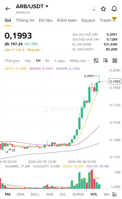 A Binance price chart for ARB/USDT (Arbitrum) showing the current price at 0.1993 with a 24-hour increase of 51.79%.