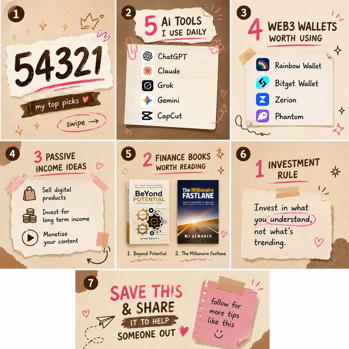 The image is a 7-slide carousel infographic using the "5-4-3-2-1" trend format, featuring numbered tips on a scrapbook-style background: AI tools (ChatGPT, Claude, Grok, Gemini, CapCut), Web3 wallets (Rainbow, Bitget, Zerion, Phantom), passive income ideas, finance books (*Beyond Potential* and *The Millionaire Fastlane* by MJ DeMarco), and an investment rule ("Invest in what you understand, not what's trending"), ending with a "Save This & Share" call-to-action.

The carousel ties into the post "Valuable morning {VM}" by creatively adapting the viral 5-4-3-2-1 countdown trend into actionable picks for people building in AI, FinTech, and Web3.