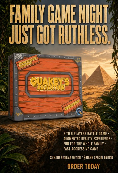 An advertisement for 'Quakey's Adventure' board game with the tagline 'FAMILY GAME NIGHT JUST GOT RUTHLESS', priced at $39.99 regular / $49.99 special edition.
