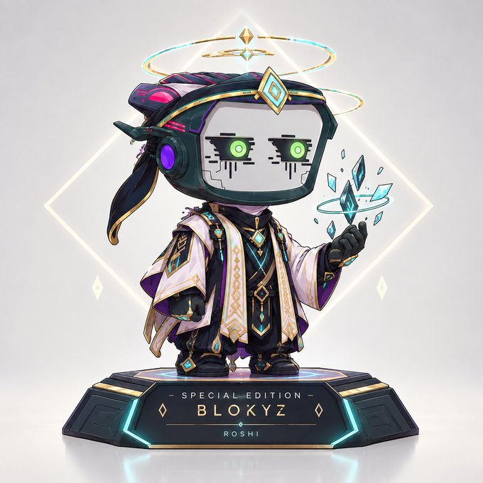 A digital illustration depicts a character in a cyberpunk-inspired outfit with a large helmet featuring green digital eyes, standing on a base labeled "SPECIAL EDITION BLOKYZ ROSHI" surrounded by floating crystals.