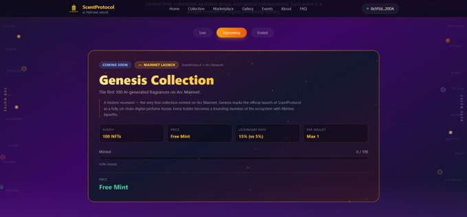 A ScentProtocol NFT marketplace webpage showing the 'Genesis Collection' with 100 supply, Free Mint price, 15% (x 5%) Legendary rate, and Max 1 per wallet.