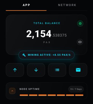 A screenshot of the Parallax Network app dashboard displaying a total balance of 2,154.538375 PAX with active mining at 8.55 PAX/h and node uptime tracking showing 15 of 7 days, illustrating the post's claim about daily PAX mining rewards from the newly released mobile app.