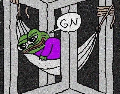 A cartoon illustration shows a sad Pepe the Frog wearing sunglasses and a purple shirt, lying in a hammock between metal bars with a speech bubble reading 'GN'.