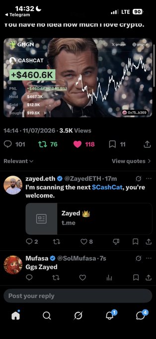 A Telegram post states 'You have no idea how much I love crypto.' featuring a meme of Leonardo DiCaprio with a $460.6K cashcat graphic and replies from @ZayedETH and @SolMufasa.