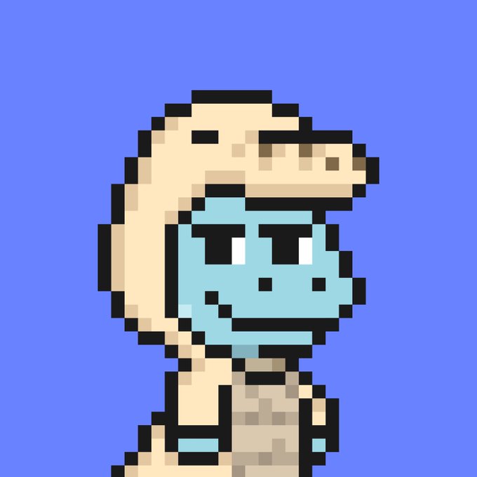 A pixel art illustration of a character with light skin, a blue face, and tan hair or headwear set against a blue background.