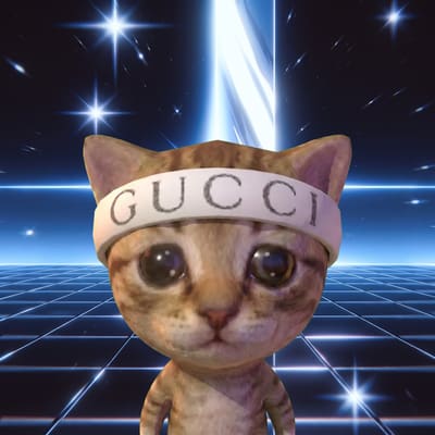 A cartoon orange kitten wearing a white 'GUCCI' headband stands against a retro-synthwave background featuring a starry sky, a bright vertical light beam, and a glowing blue grid floor.