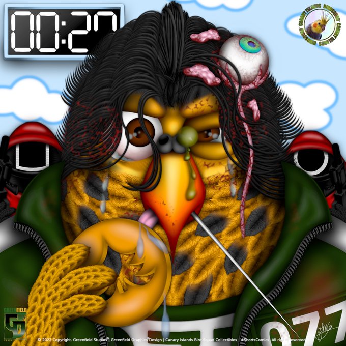 A highly detailed, grotesque cartoon illustration of a disheveled bird-like character with messy hair, a dangling eyeball, and a beak nose, labeled "Canary Islands Bird Based Collectibles" with a digital timer reading "00:20".