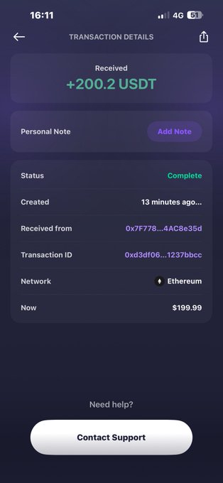 A mobile screenshot of a transaction details page showing a received payment of "+200.2 USDT" (valued at $199.99) from address 0x7F778...4AC8e35d on the Ethereum network, status marked as "Complete" 13 minutes ago. The image serves as proof of a donation received, supporting the post's grateful message about receiving cryptocurrency contributions to help fund the user's mother's medical treatment.
