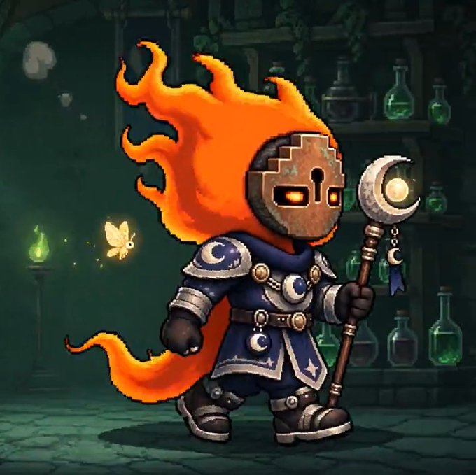 A fantasy character illustration of a small warrior in blue armor with a helmet, holding a crescent moon staff, with flowing orange flame-like hair in a dark room setting.