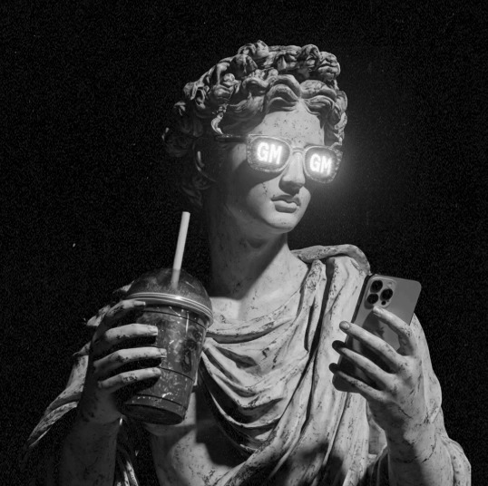 A classical statue wearing sunglasses with "GM" printed on the lenses holds an iced coffee and smartphone, blending ancient artistry with modern lifestyle as a playful visual for "Morning Ritual... Coffee GM The New Money App."
