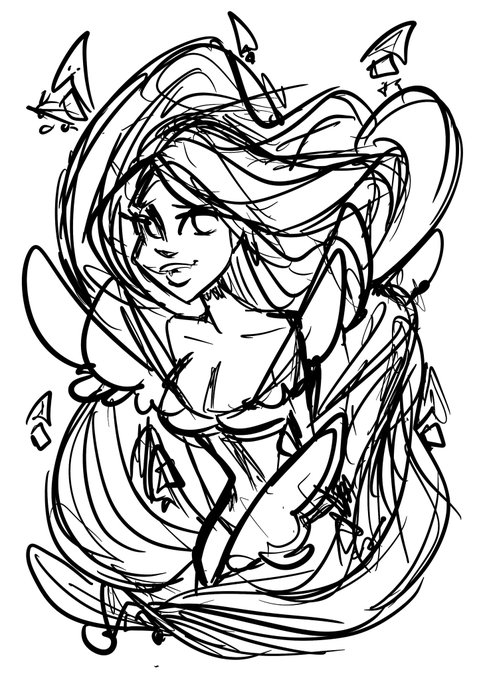A rough black-and-white sketch of an anime-style female character with long flowing hair and pointed ears, surrounded by floating crystal shards.