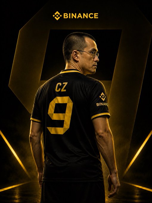The image features a man wearing a black jersey with the number 9 on it, standing against a dark background. The caption of the image reads "The market loves simple narratives. CZ #9 Binance Year #9. Jersey #9. The number of winners. The number of finishers. Most people see a meme. Smart money sees attention. And attention is where trends begin." This suggests that the man's jersey and the post are related to a sports event or competition, possibly involving the number 9 in some context.