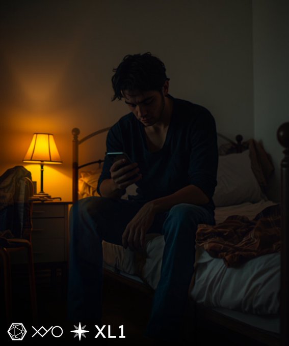 A man sits on the edge of a bed in a dimly lit room, looking down at his phone, illuminated by the warm glow of a bedside lamp.